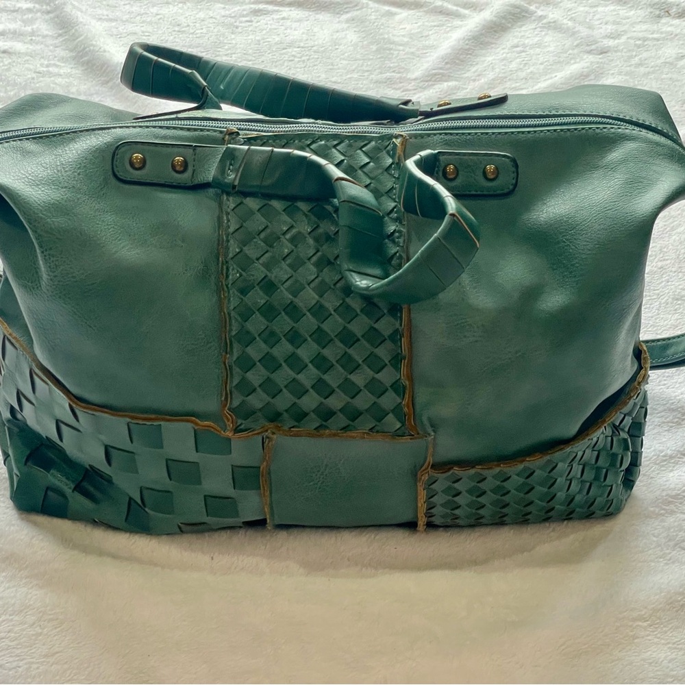 Chic Teal Woven Leather Patchwork Tote Bag – Large Satchel w/ Crossbody Strap
